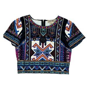 Flying Tomato Colorful woven Tribal Crop Top, full zip back, Aztec, women’s L​